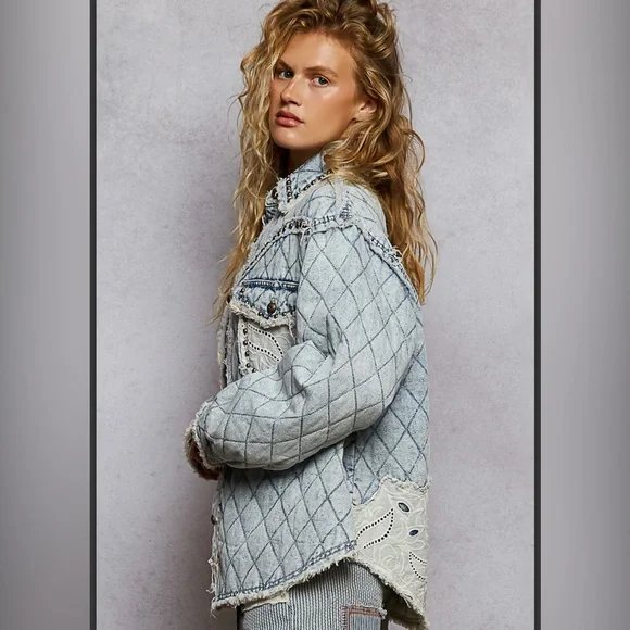 POL XSMALL Studded Quilted Denim Jacket - Picture 3 of 5